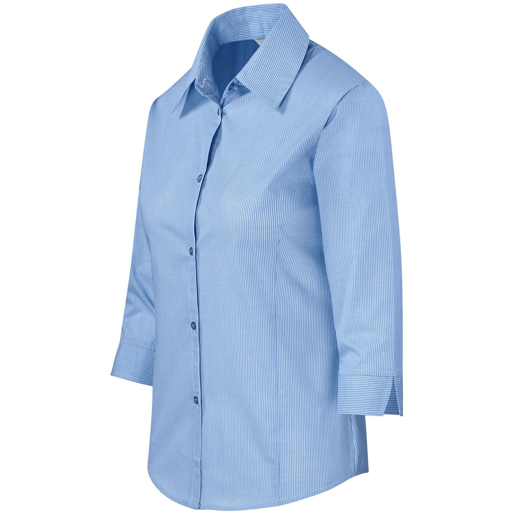 Ladies 3/4 Sleeve Micro Check Shirt - Light Blue - Image 3